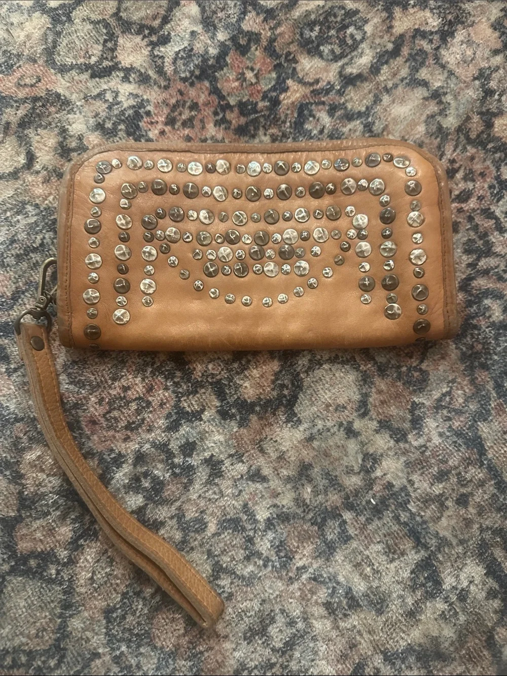 Italian Leather Tan Studded Wristlet Wallet